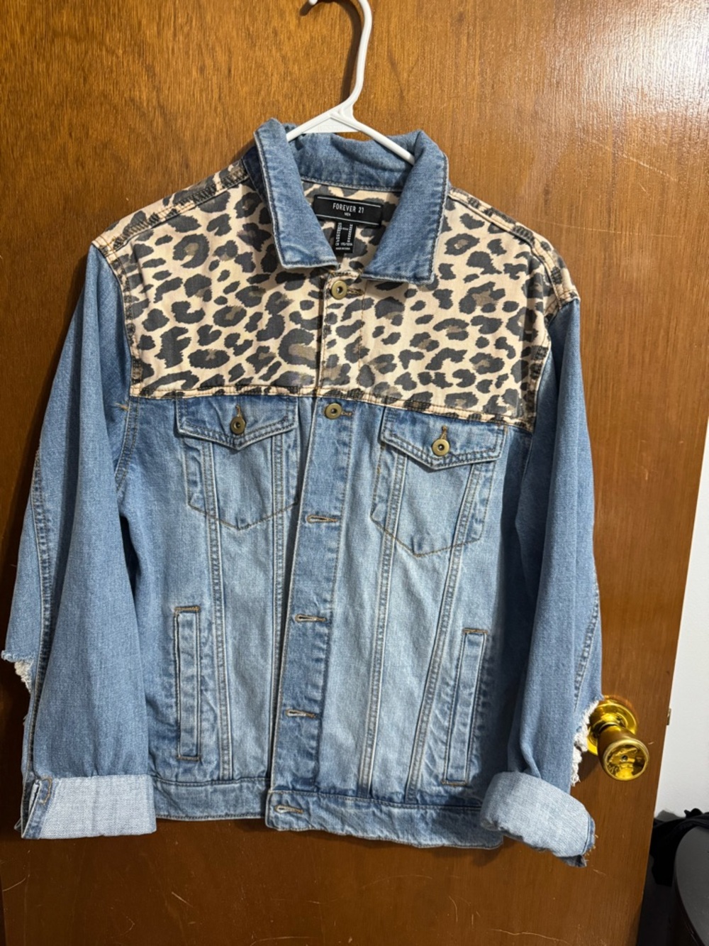 Forever 21 Blue Denim Jacket with Leopard Yoke